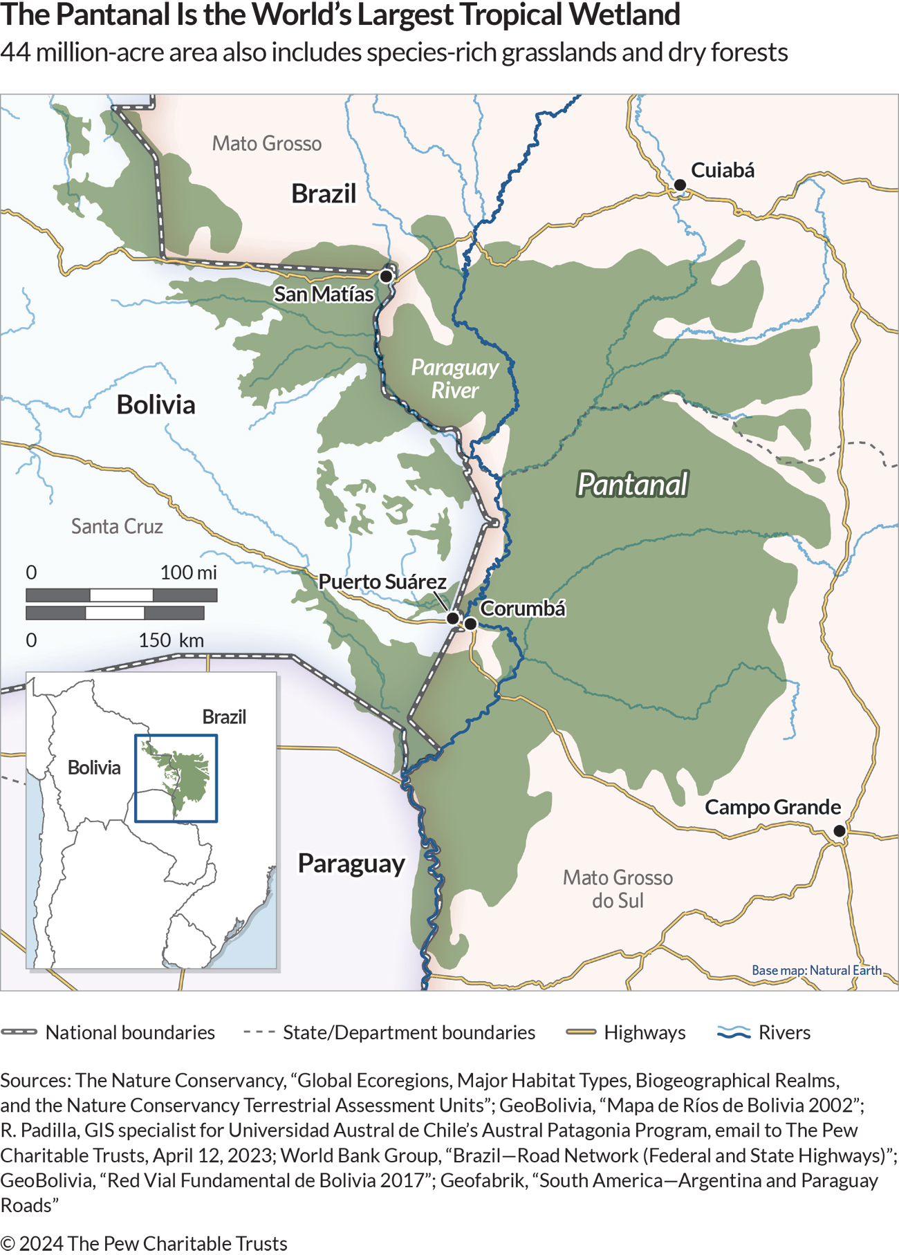 A map shows a portion of South America where Bolivia, Brazil, and Paraguay share borders, including a dark-green shaded area labeled “Pantanal.” The map also identifies the locations of some rivers, highways, cities, and states and departments. 