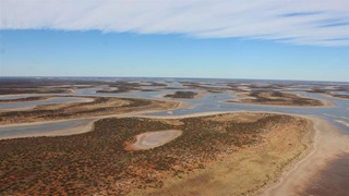 An aerial view of a vast wetland, with scattered vegetation visible on sandy islands.