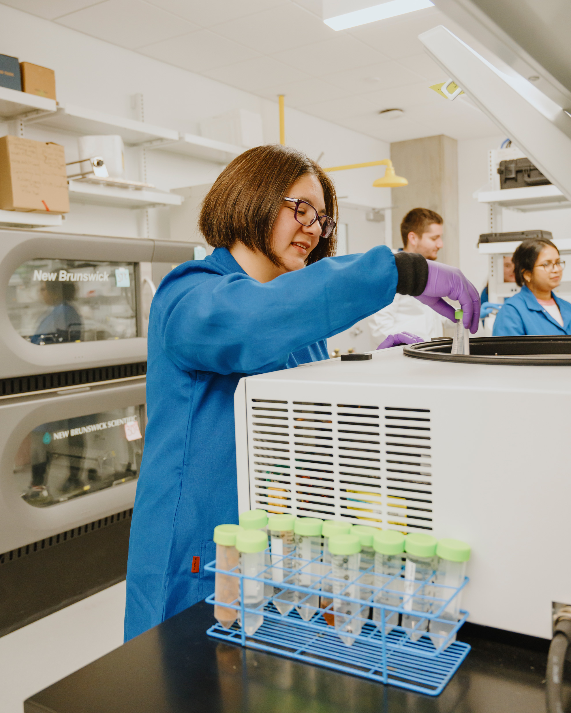 A person with purple-gloved hands places test tubes into a large, boxy machine.